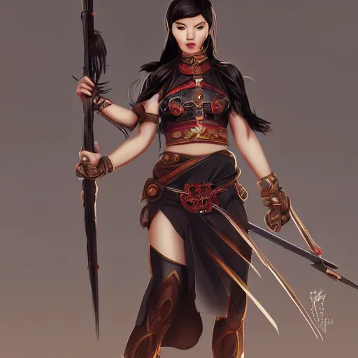 Prompt: beautiful Asian woman with a weapon, full view, character design, warrior outfit, dramatic lighting, by seunghee Lee,detailed, artstation