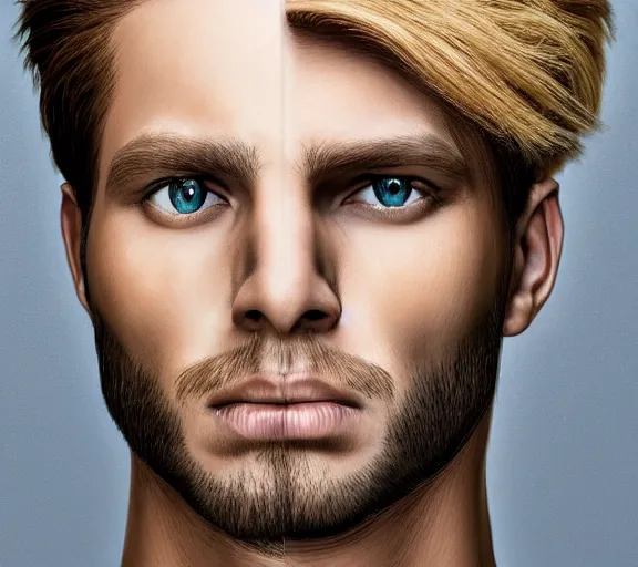 Image similar to hyper realistic portrait of a man with blonde two sides hair and thin face lines