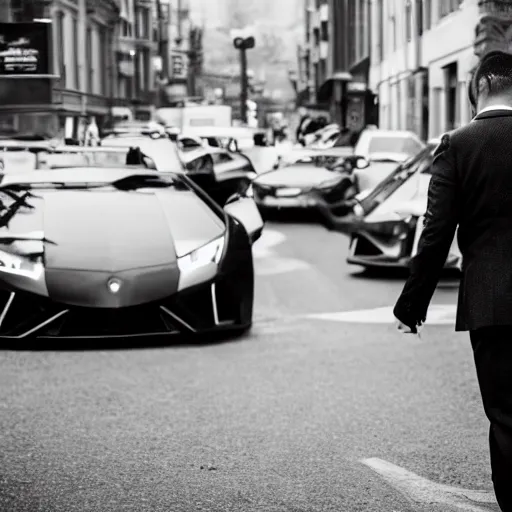 Image similar to black and white press photograph of a man in a suit pushing a lamborghini that is out of gas on a busy city street, sideview, detailed, natural light, mist, film grain, soft vignette, sigma 5 0 mm f / 1. 4 1 / 1 0 sec shutter, imax 7 0 mm footage