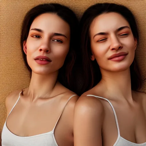 Image similar to intricate beautiful hyperreal portrait of identical twin women, smiling softly, casual clothes, relaxing on the couch, home interior, golden hour, close up shot, 8 k, art by irakli nadar, hyperrealism, hyperdetailed, ultra realistic