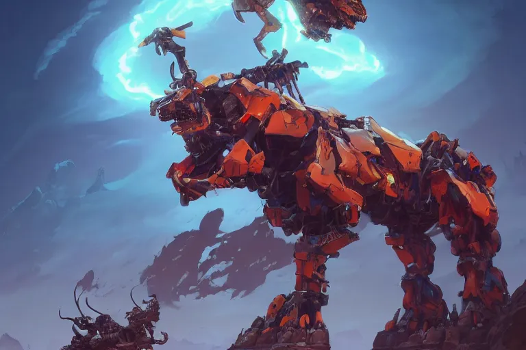 Image similar to grimhorn fanghorn machine mecha animal beast robot of horizon forbidden west horizon zero dawn bioluminiscence, behance hd by jesper ejsing, by rhads, makoto shinkai and lois van baarle, ilya kuvshinov, rossdraws global illumination