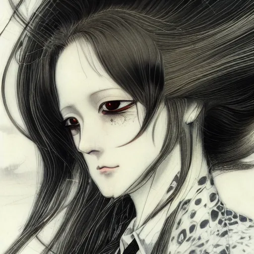 Prompt: Yoshitaka Amano realistic illustration of an anime girl wearing dress suit with tie with wavy white hair fluttering in the wind and cracks on her face, abstract black and white patterns on the background, noisy film grain effect, highly detailed, Renaissance oil painting, weird portrait angle