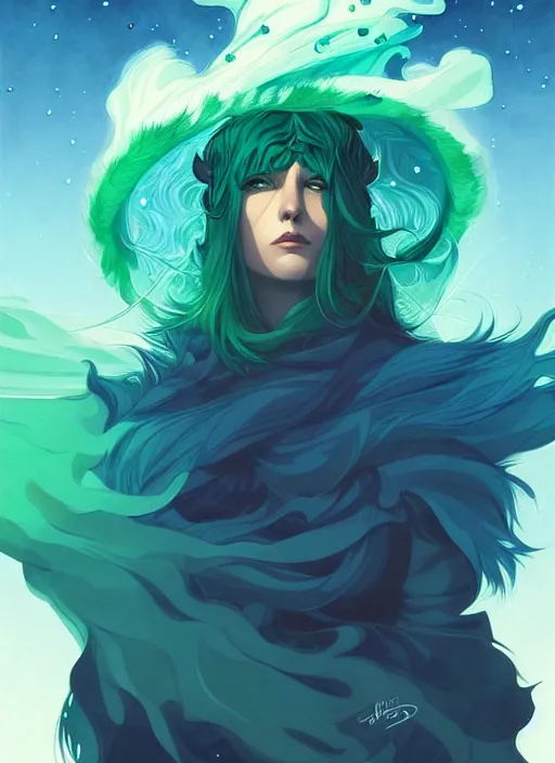 Prompt: style artgerm, joshua middleton, illustration, john krasinski as druid wearing green pelt light armor, anime eyes, blue hair, swirling water cosmos, fantasy, dnd, cinematic lighting