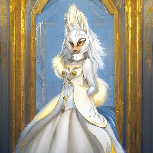 Prompt: full body shot of a female anthro furry wolf princess fursona with white hair wearing a white and gold dress in a white and gold palace, by Wlop and jerry park, artstation, detailed