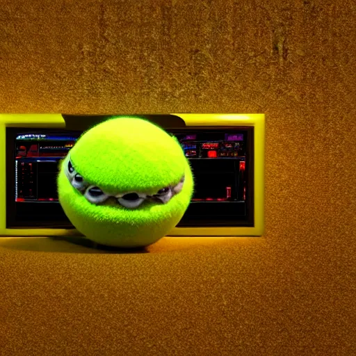 Prompt: high quality 3 d render cyberpunk very tennis ball monster highly detailed, unreal engine cinematic smooth,, basil gogos, chalk, low angle, uhd 8 k, sharp focus, illustrated by basil gogos