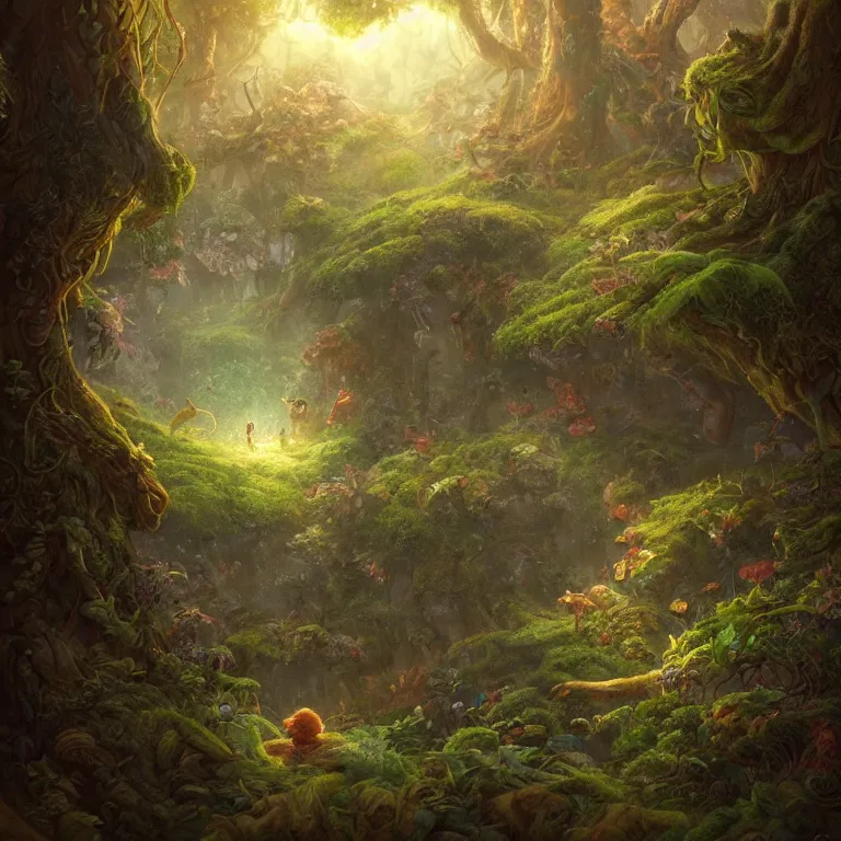 Image similar to illustration of tiny seeds floating around a fairytale tree in a forest glade by Justin Gerard, evening light, fantasy art, trending on artstation