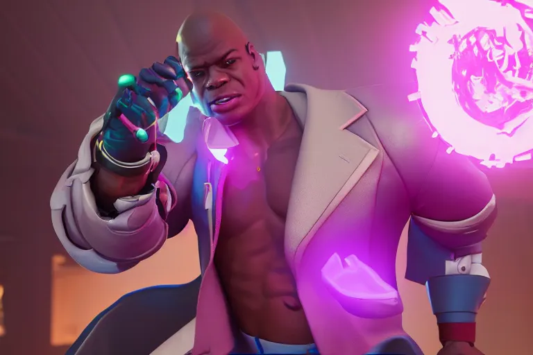 Image similar to doomfist, pink blazer, overwatch game, digital art, high detailed, unreal engine, artstation, 3 d render