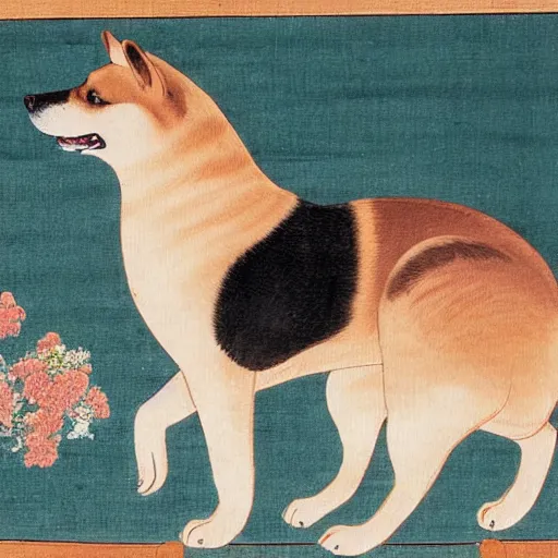 Image similar to portrait of shiba inu dog as japanese emperor, japanese painting 1 4 0 0