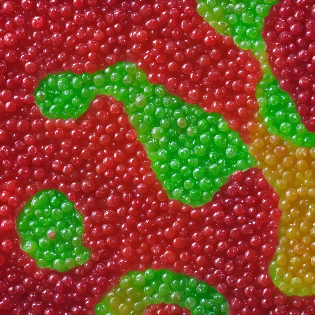 Image similar to well - lit studio photo of a model of a human cell made from fruit in jell - o, beautiful, highly detailed, showing the nucleus, endoplasmic reticulum, golgi bodies, mitochondria, and other organelles as fruit suspended in gelatin