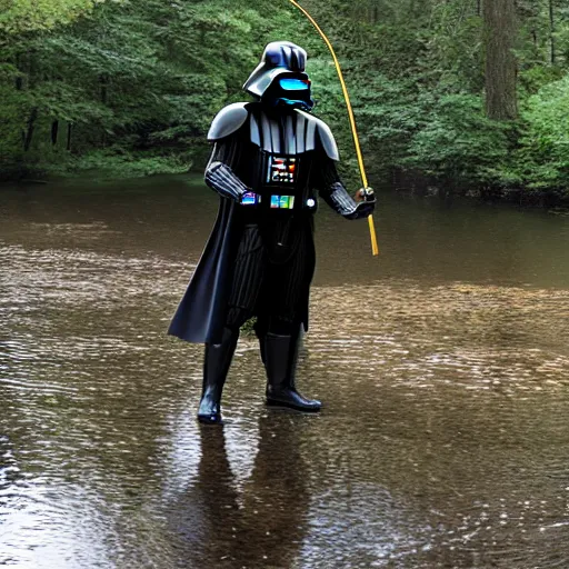 Image similar to Darth Vader fishing while standing in a creek in a forest