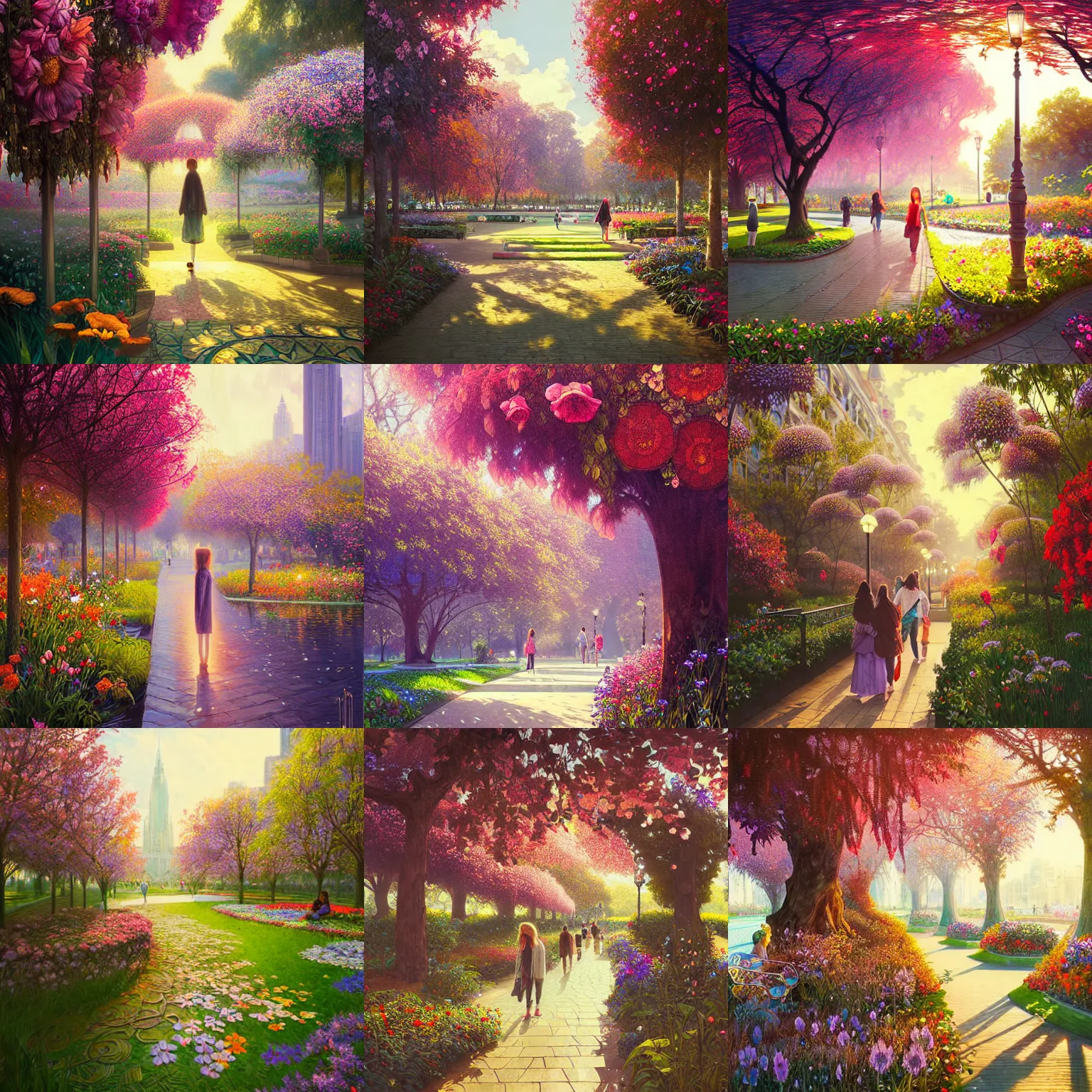 Prompt: city park with flowers, path traced, highly detailed, high quality, digital painting, alena aenami, lilia alvarado, shinji aramaki, karol bak, alphonse mucha, tom bagshaw