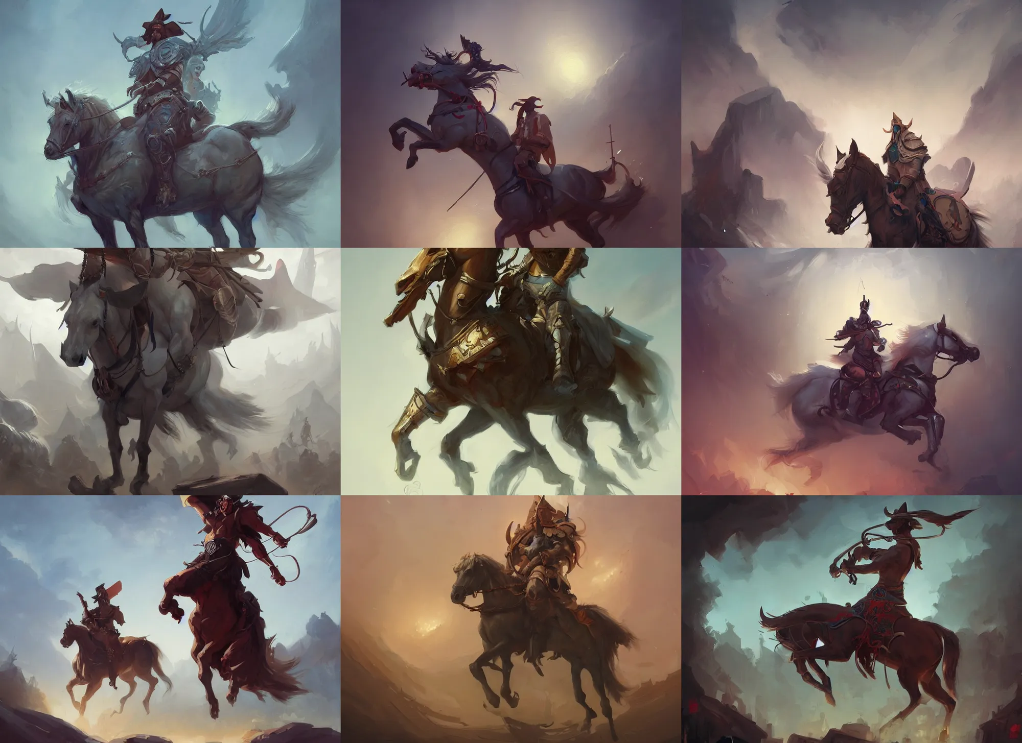 Prompt: a painting of a man on a horse surrounded by crosses, concept art by Peter Mohrbacher, cgsociety contest winner, fantasy art, artstation hd, concept art, artstation hq