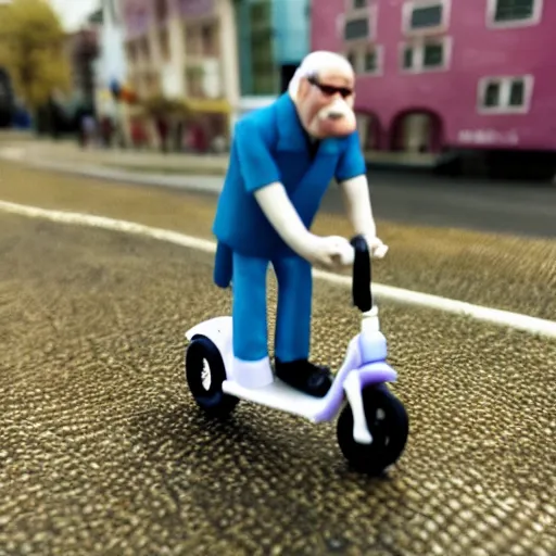 Image similar to a claymation figure of a man on a scooter