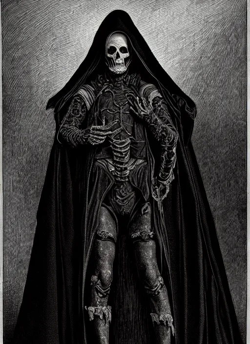 Image similar to fineart illustration of the necromancer wearing a black cloak, hyper detailed, crisp