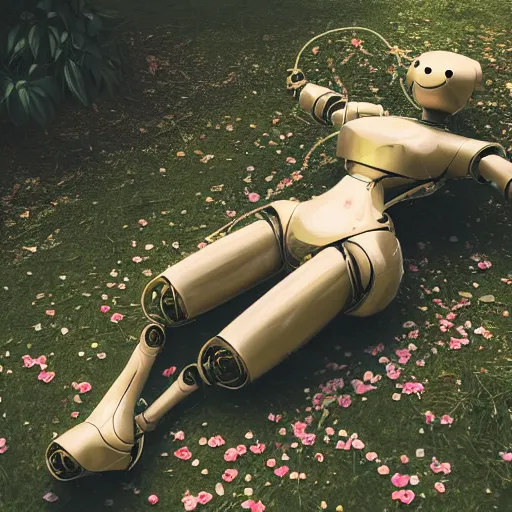 Image similar to side view of a beautiful abandoned human - shaped robot laying on the ground, overgrown foliage taking over it, close - up, 3 5 mm, biopunk, bokeh, beautiful, lens flare, emotional, sweet, flowers, detailed, picture, trending on artstation, award - winning, shiny, golden, angle view, octane render