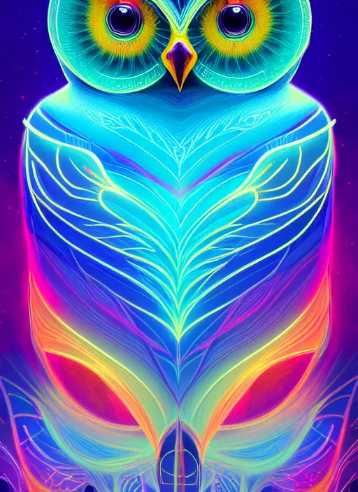 Image similar to symmetry!! product render poster vivid colors divine proportion owl, cosmos, glowing fog intricate, elegant, highly detailed, digital painting, artstation, concept art, smooth, sharp focus, illustration,