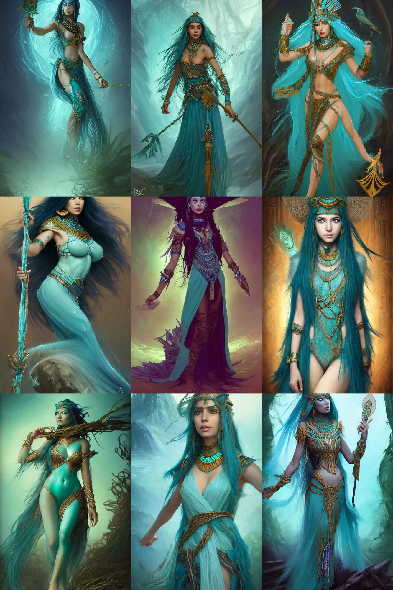 Prompt: beautiful sorceress female with teal colored skin, full body shot, long hair made of kelp, egyptian clothing, with a wooden stuff, d & d, fantasy, hunterintricate, elegant, highly detailed, digital painting, artstation, concept art, matte, sharp focus, illustration, hearthstone, art by artgerm and greg rutkowski and alphonse mucha