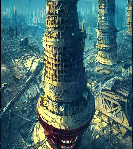 Image similar to colored manga, by greg rutkowski, tarkovsky, majestic ancient tower of babylon of terror, a woman in cyber clothing, hyperrealistic, blame manga, full color, cyber architecture, intricate, illustration, kilian eng, concept art, hyper - detailed, smooth, masterpiece, epic, cinematic, high quality