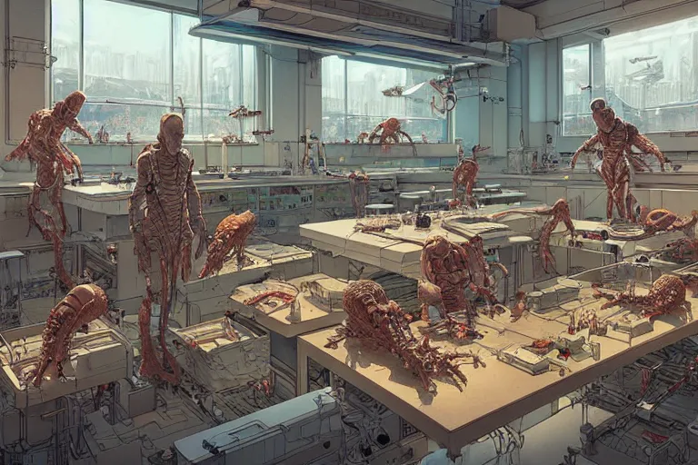 Prompt: a detailed painting of future science laboratory by moebius and geof darrow wlop tooth wu cinematic concept art detailed intricate lines trending on