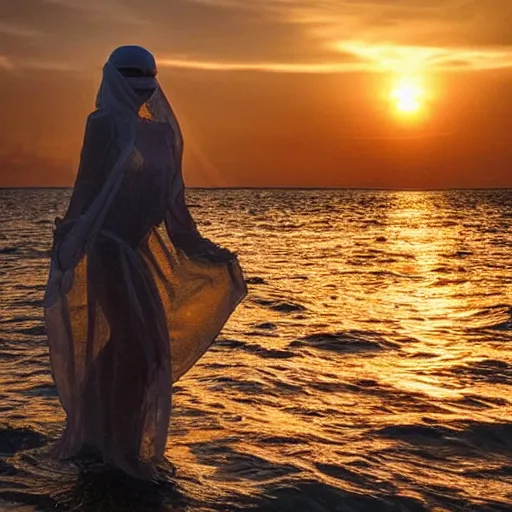 Image similar to A woman wrapped in billowing veils in the sea, under two gilded Roman columns made of human bones, sunset, super photo-realistic