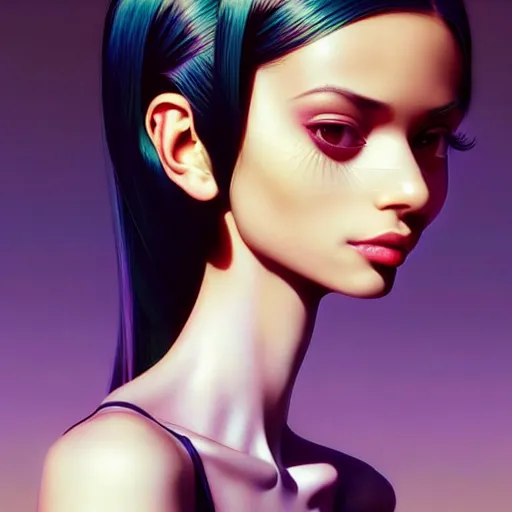 Image similar to a beautiful skinny latina wearing fashionable dress with head tilted back, focus close on eyes realistic skin texture, eighties holographic art by ilya kuvshinov lois van baarle ross tran range murata artgerm katsuhiro otomo norman rockwell, highly detailed intricately sharp focus, bedroom eyes trending on pinterest vogue italia unreal engine 5, 4 k uhd image