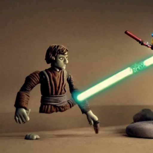 Prompt: claymation scene from star wars of darth vader lightsaber battle against luke skywalker