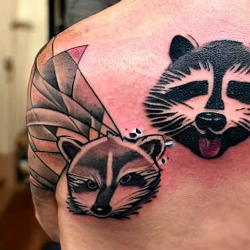 Image similar to tattoo of a raccoon landlord evicting a crying tenant