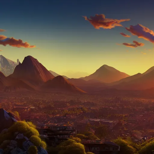 Image similar to A mountain range at sunset, with a city in the distance, Ross Tran, Ross Draws, Pixar, Dreamworks, close up, highly detailed, no blur, sharp focus, 100mm lens, 8k