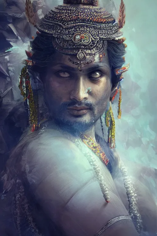 Image similar to indian god, close - up portrait, powerfull, intricate, elegant, volumetric lighting, scenery, digital painting, highly detailed, artstation, sharp focus, illustration, concept art, ruan jia, steve mccurry