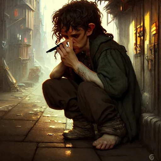 Prompt: Drug addict hobbit smoking crack in a dark alley, ultra realistic, concept art, intricate details, eerie, highly detailed, photorealistic, octane render, 8k, unreal engine, art by artgerm and greg rutkowski and alphonse mucha