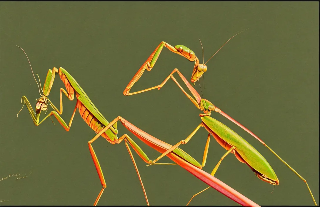 Prompt: implied lines, 4 k criterion collection remastered cinematography a praying mantis eating a dragonfly, photo realistic postprocessing interpolated by syd mead, claude gellee painting by james audubon