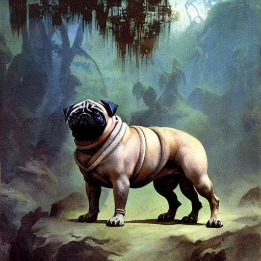 Image similar to muscular oversized warrior pug in mystical foggy jungle by frazetta