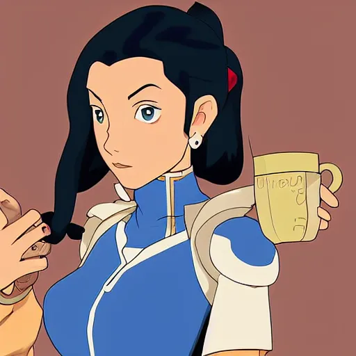 Image similar to Avatar korra drinking tea, digital art