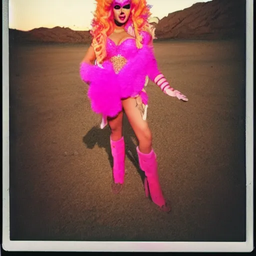 Prompt: drag queen pink paradise in desert, polaroid photo, perfect photo, photo pinterest