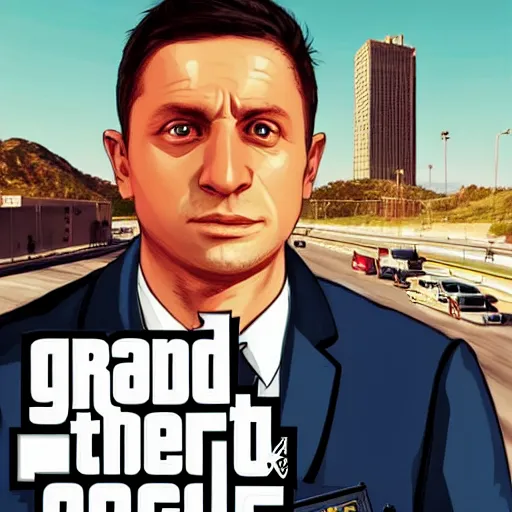 Image similar to “Volodymyr Zelensky in GTA V, cover art by Stephen Bliss, Boxart, loadscreen”