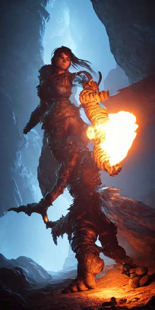 Image similar to a epic hero adventurer holding a torch in a dark cave, fantsy, concept art, artgerm, monster hunter world, 8 k realistic, radiant light, frostbite 3 engine, dof, cryengine, digital art, detailed background