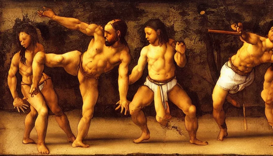 Image similar to capoeira, painting by leonardo da vinci