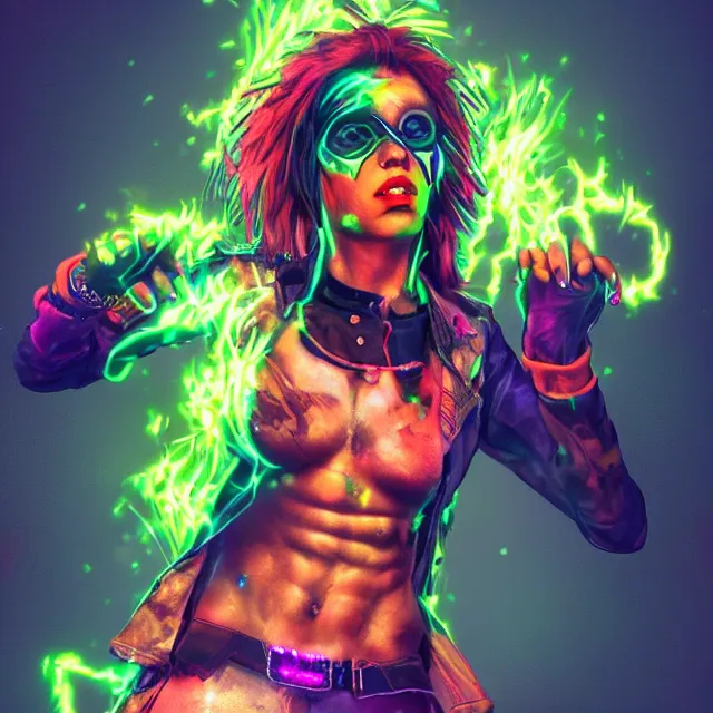 Prompt: a female raver / punk using her mutant fire powers in the style of leonard boyarsky trending on artstation deviantart pinterest hyper detailed photorealistic highlights and shadow hd 8 k post - processing high resolution