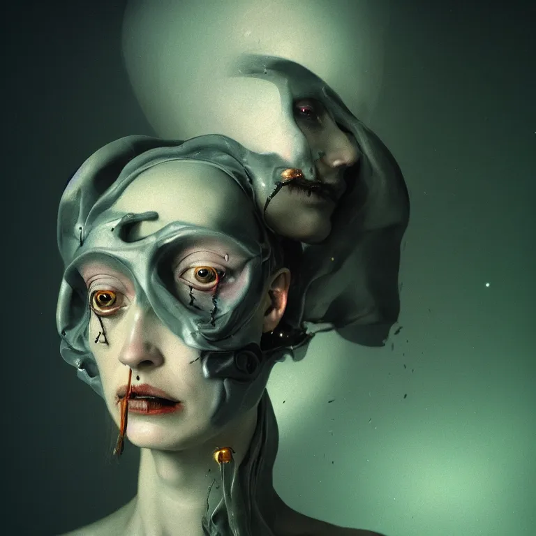 Image similar to surreal portrait cyborg witch by hieronymus bosch, soft grainy bloom lucid dream - like atmosphere, harsh flash photo, baroque portrait painting, perfect composition, detailed octane render trending on artstation, 8 k artistic photography, volumetric cinematic perfect light, chiaroscuro, masterpiece, raphael, caravaggio, beksinski, rutkowski, beeple