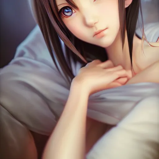 Image similar to beautiful serene intricate portrait of a realistic anime woman, smiling softly, wearing casual clothes, relaxing on the couch, interior lighting, cozy living room interior, soft focus, 8 k, art by irakli nadar, hyperrealism, hyperdetailed, ultra realistic