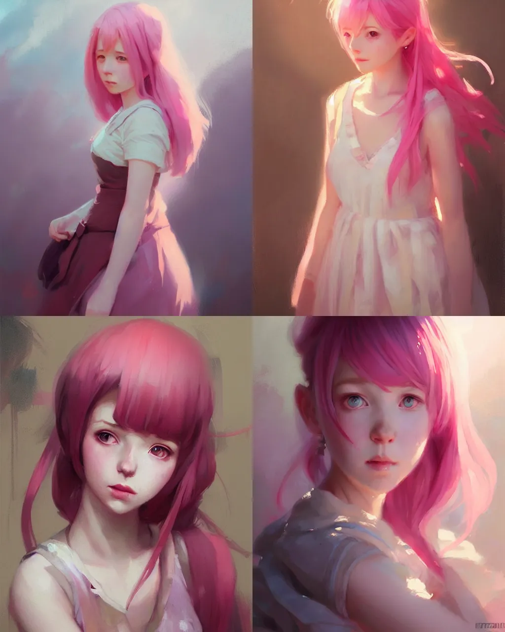 Prompt: girl with pink hair and cute dress, portrait, illustration, rim light, atmospheric lighting, perfectly shaded, soft painting, art by krenz cushart and wenjun lin