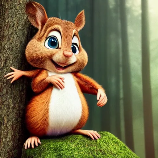 Prompt: very very very very cute Alvin the Chipmunk, portrait, pixar style, forest background, cinematic lighting, award winning creature portrait photography