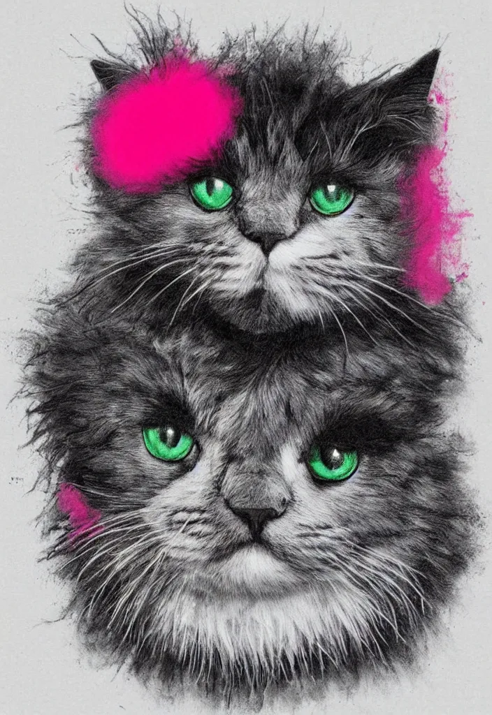 Prompt: fluffy cat with afro comb t - shirt design, by jules julien, dark grisaille monochrome neon spraypaint, ironic surrealism, hypebeast