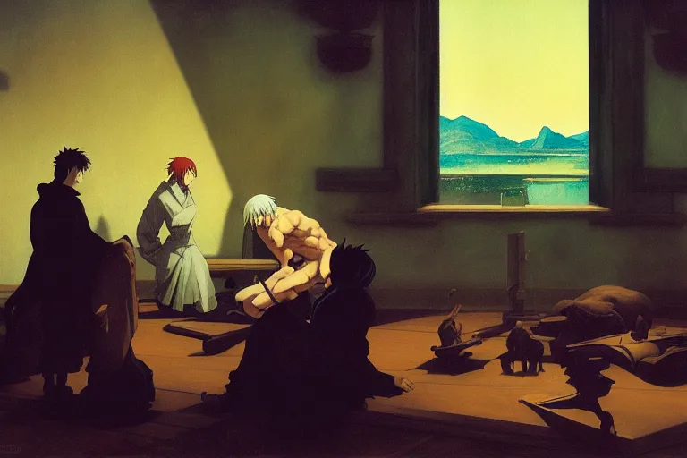 Prompt: anime key visual of leonardo davinci consorting with demons, style of jamie wyeth james gilleard edward hopper greg rutkowski acrylic painting, preserved museum piece, historical