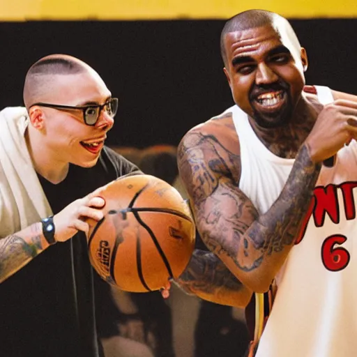 Image similar to anthony fantano playing basketball with kanye west