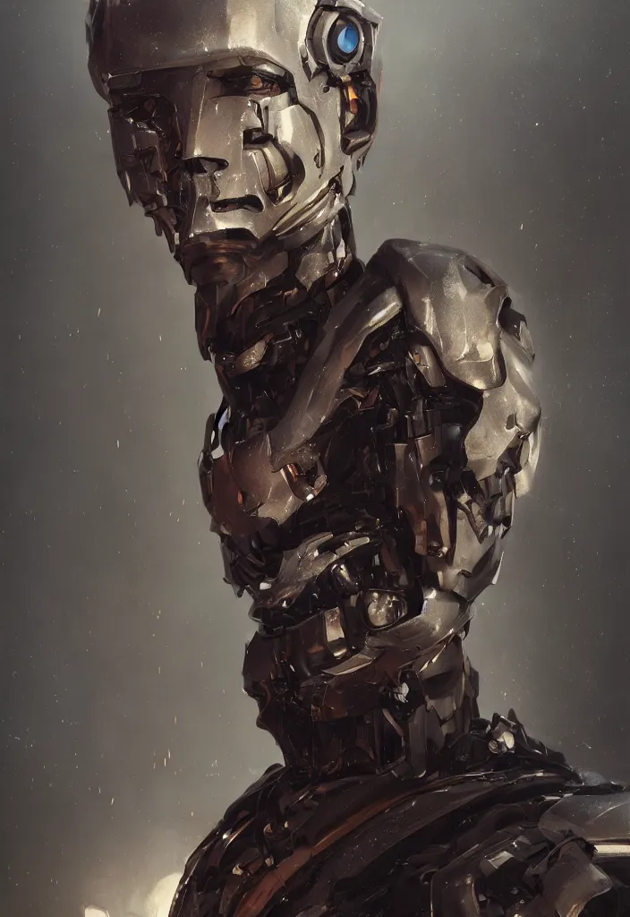 Image similar to a fancy portrait of humanoid robot worrior by greg rutkowski, sung choi, mitchell mohrhauser, maciej kuciara, johnson ting, maxim verehin, peter konig, 8 k photorealistic, cinematic lighting, hd, high details, dramatic, dark atmosphere, trending on artstation