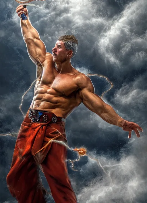 Prompt: muscular magician with a huge sparkeling magic wand spreading lightnig strokes from his hand, in clouds, by boris valejo, extreme detail, reflections, trending on artstation, 8 k