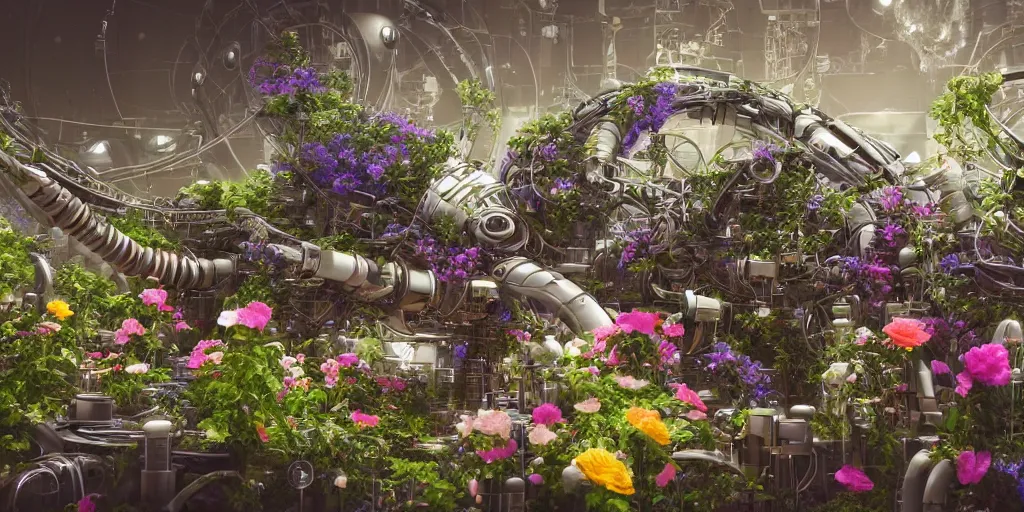 Image similar to a lovely mechanical cornucopia of flowers, sci-fi futuristic, utopian, machine parts, wires, circuits, highly detailed, octane render, cinematic