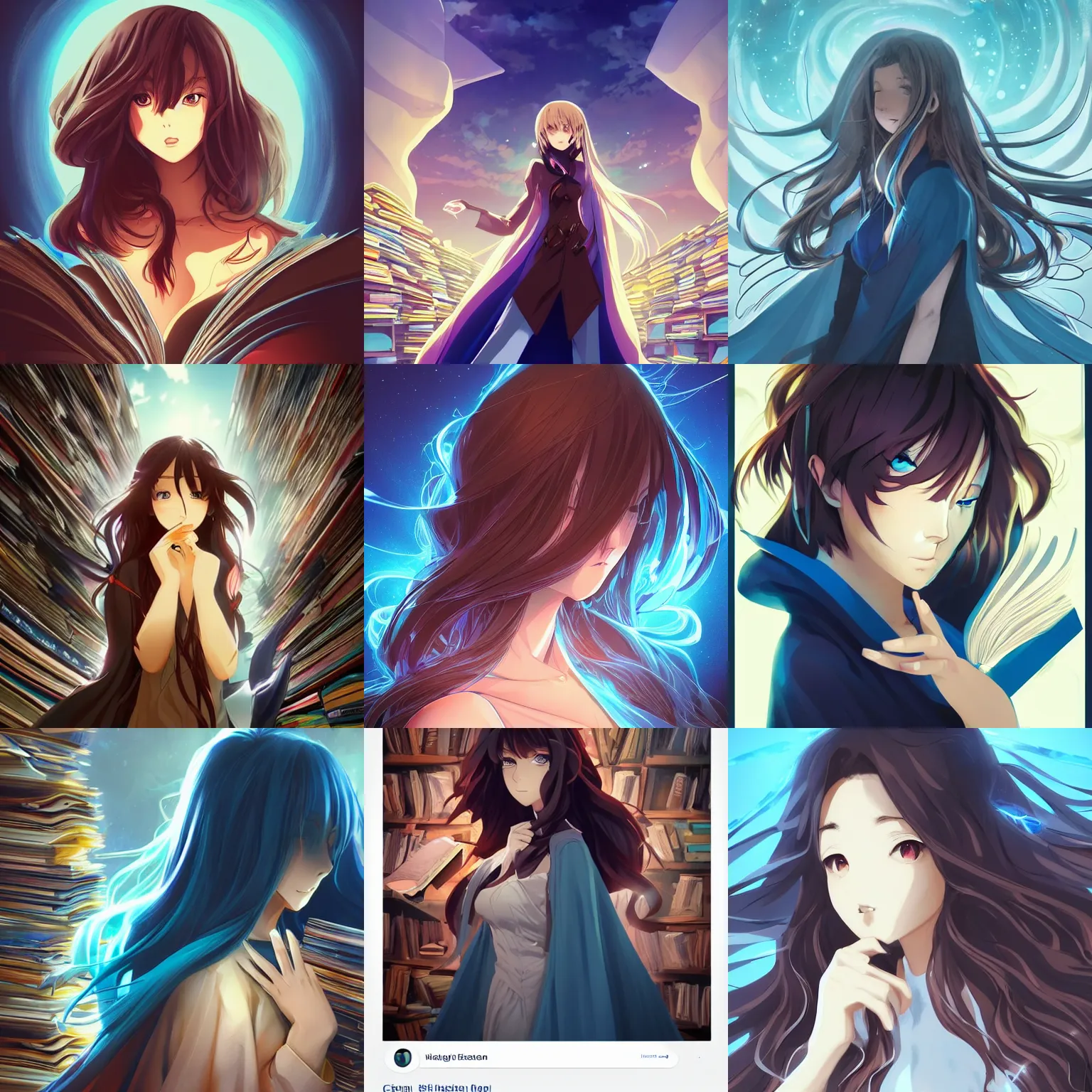 Prompt: “A beautiful anime woman with brown flowing hair, long blue cape, surrounded by a catacomb of books, trending on artstation, 8K, OLED, shadows, reflections, rossdraws”