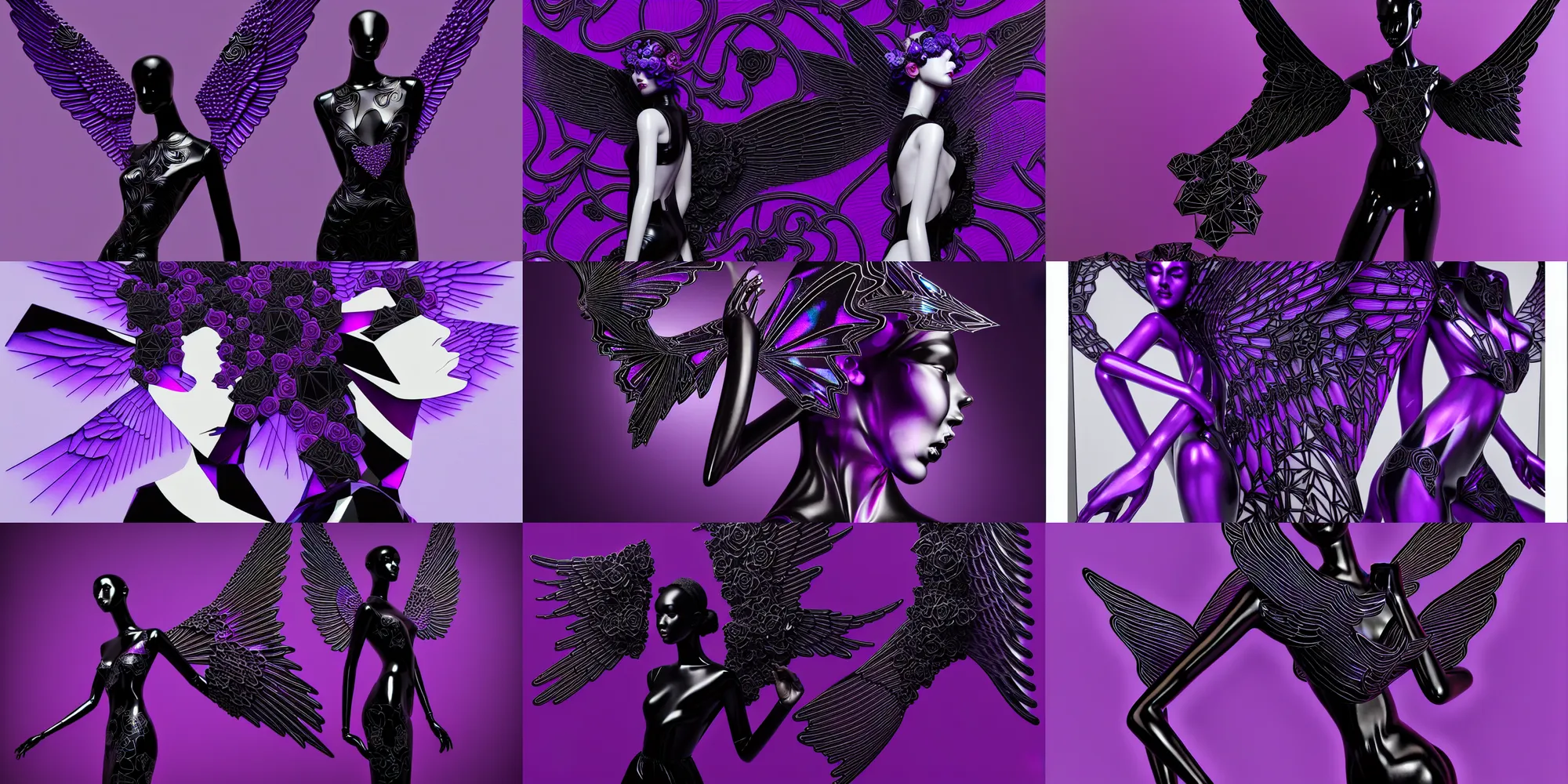 Prompt: a beautiful purple and black 3 d geometrically printed!!!! mannequin with angel wings!! in the style of james jean, chrome roses!! dripping black iridescent liquid, confident, moody, dramatic, introspective, 4 k, trending on artstation, photorealistic, volumetric lighting, octane render, tarot card with ornate border frame h - 1 0 2 4